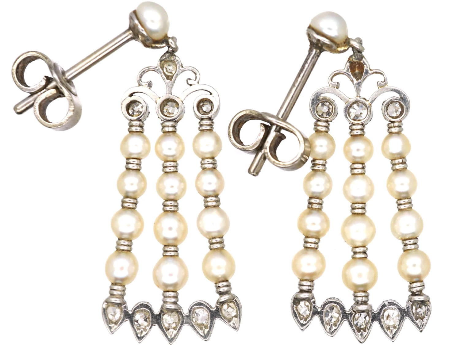 Edwardian Platinum, Natural Pearl & Diamond Drop Earrings 4 Edwardian Platinum, Natural Pearl & Diamond Drop Earrings - Image 2