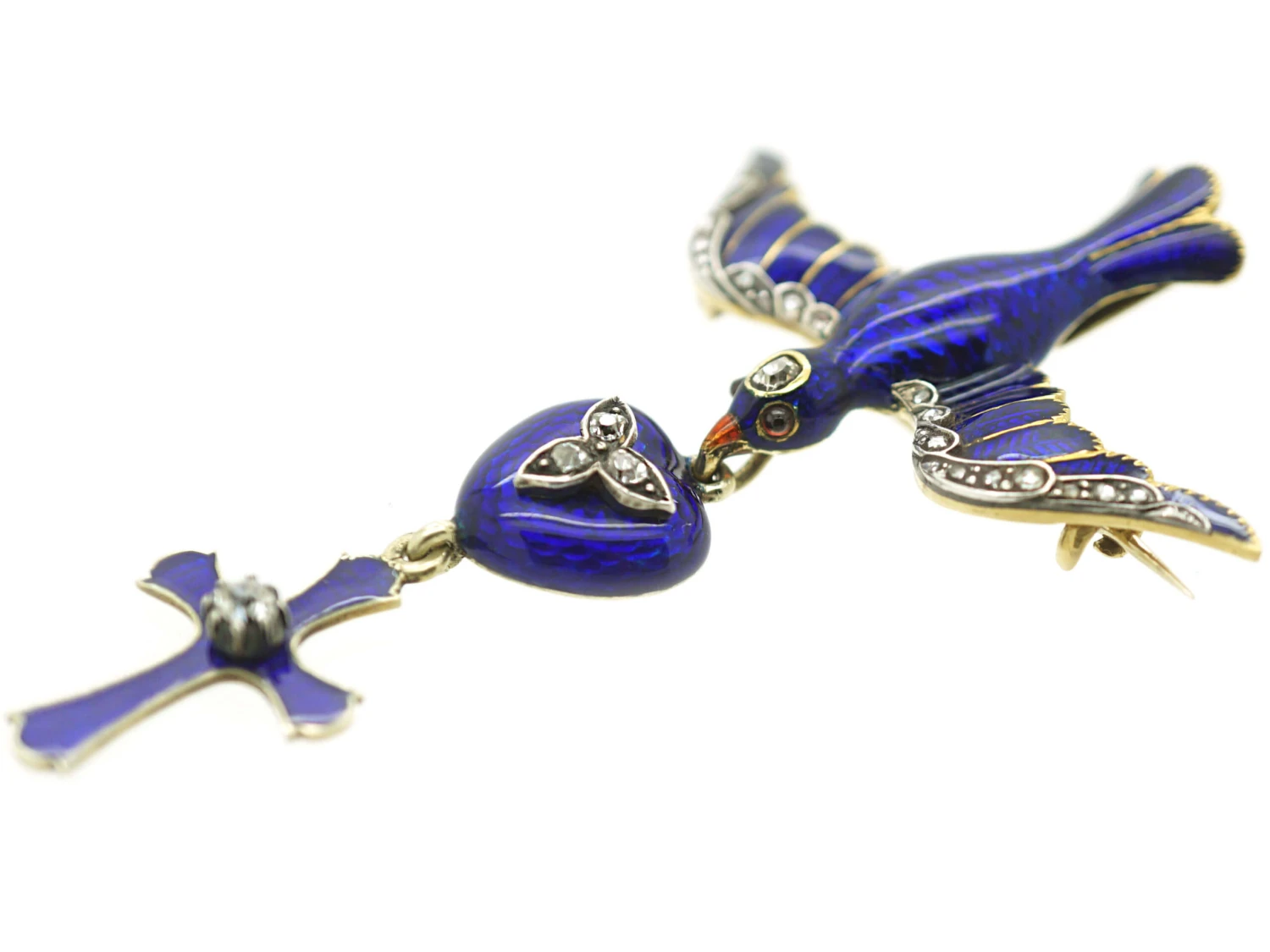 Georgian 18ct Gold Royal Blue Enamel & Diamond Dove Of Peace Brooch & Pendant 4 Georgian 18ct Gold Royal Blue Enamel & Diamond Dove Of Peace Brooch & Pendant - Image 2