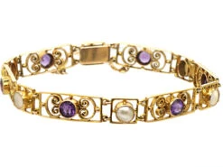 Edwardian 9ct Gold, Amethyst & Blister Pearl Bracelet Retailed By Murrle Bennett & Co 7 Edwardian 9ct Gold, Amethyst & Blister Pearl Bracelet Retailed By Murrle Bennett & Co -Antique Jewellery Company DSC06805 copy
