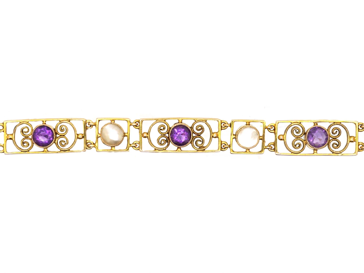 Edwardian 9ct Gold, Amethyst & Blister Pearl Bracelet Retailed By Murrle Bennett & Co 3 Edwardian 9ct Gold, Amethyst & Blister Pearl Bracelet Retailed By Murrle Bennett & Co