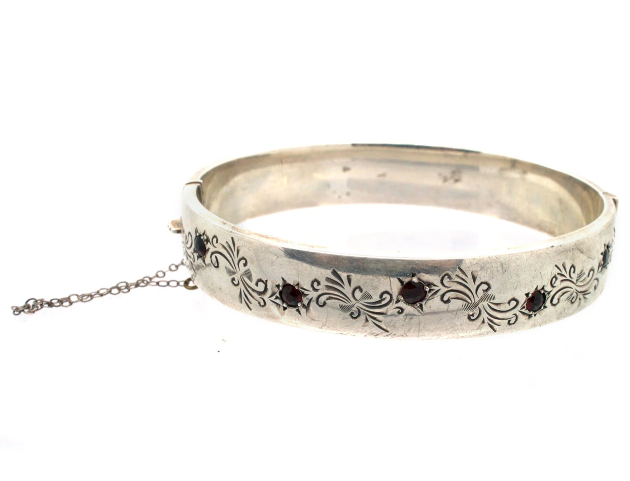 Engraved Silver 1950s Bangle Set With Garnets 3 Engraved Silver 1950s Bangle Set With Garnets