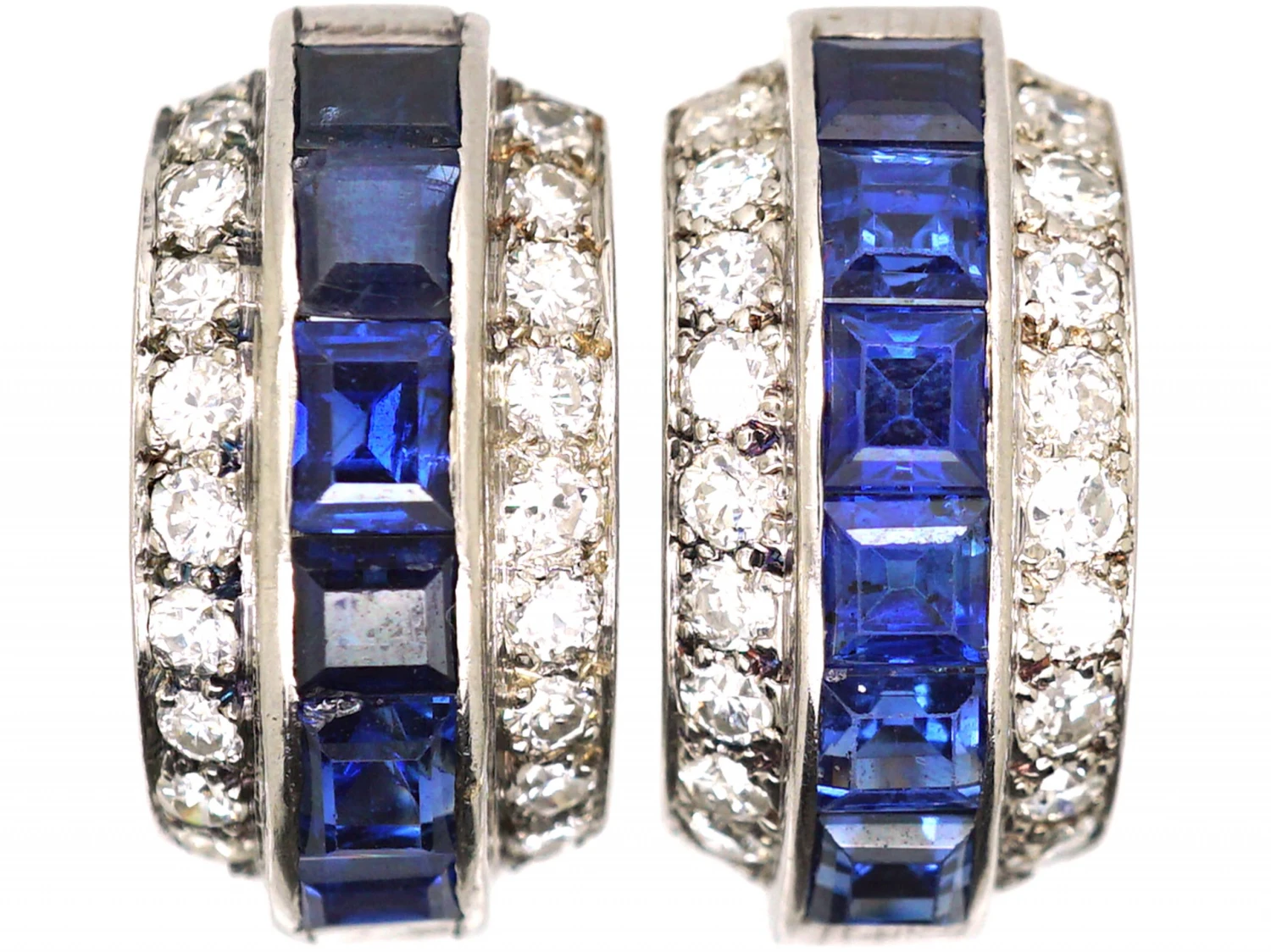 Art Deco 18ct White Gold, Sapphire & Diamond Half Hoop Earrings 3 Art Deco 18ct White Gold, Sapphire & Diamond Half Hoop Earrings