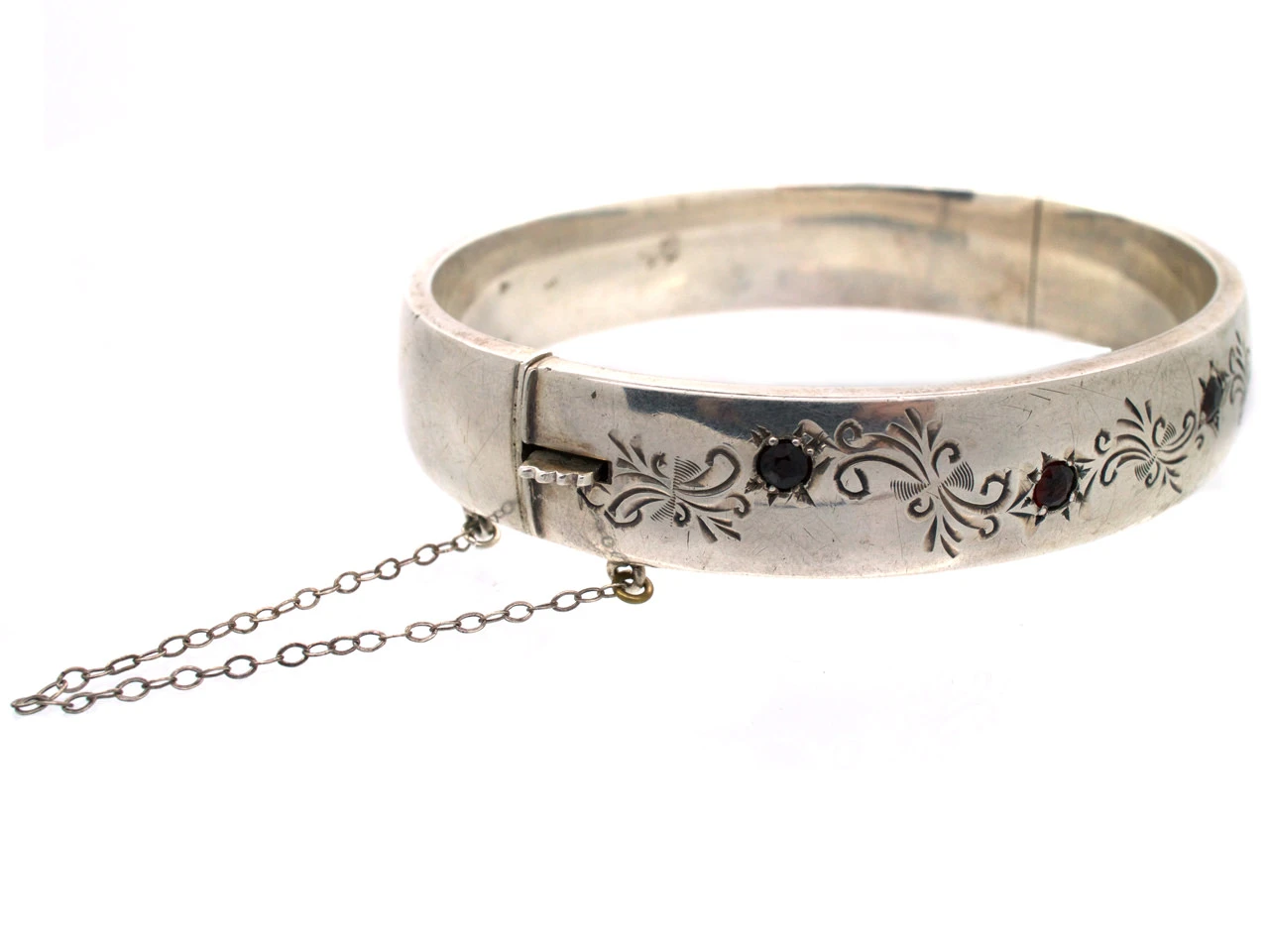 Engraved Silver 1950s Bangle Set With Garnets 6 Engraved Silver 1950s Bangle Set With Garnets - Image 4