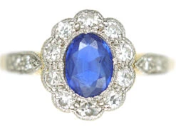 Edwardian Sapphire & Diamond Cluster Ring With Diamond Set Shoulders