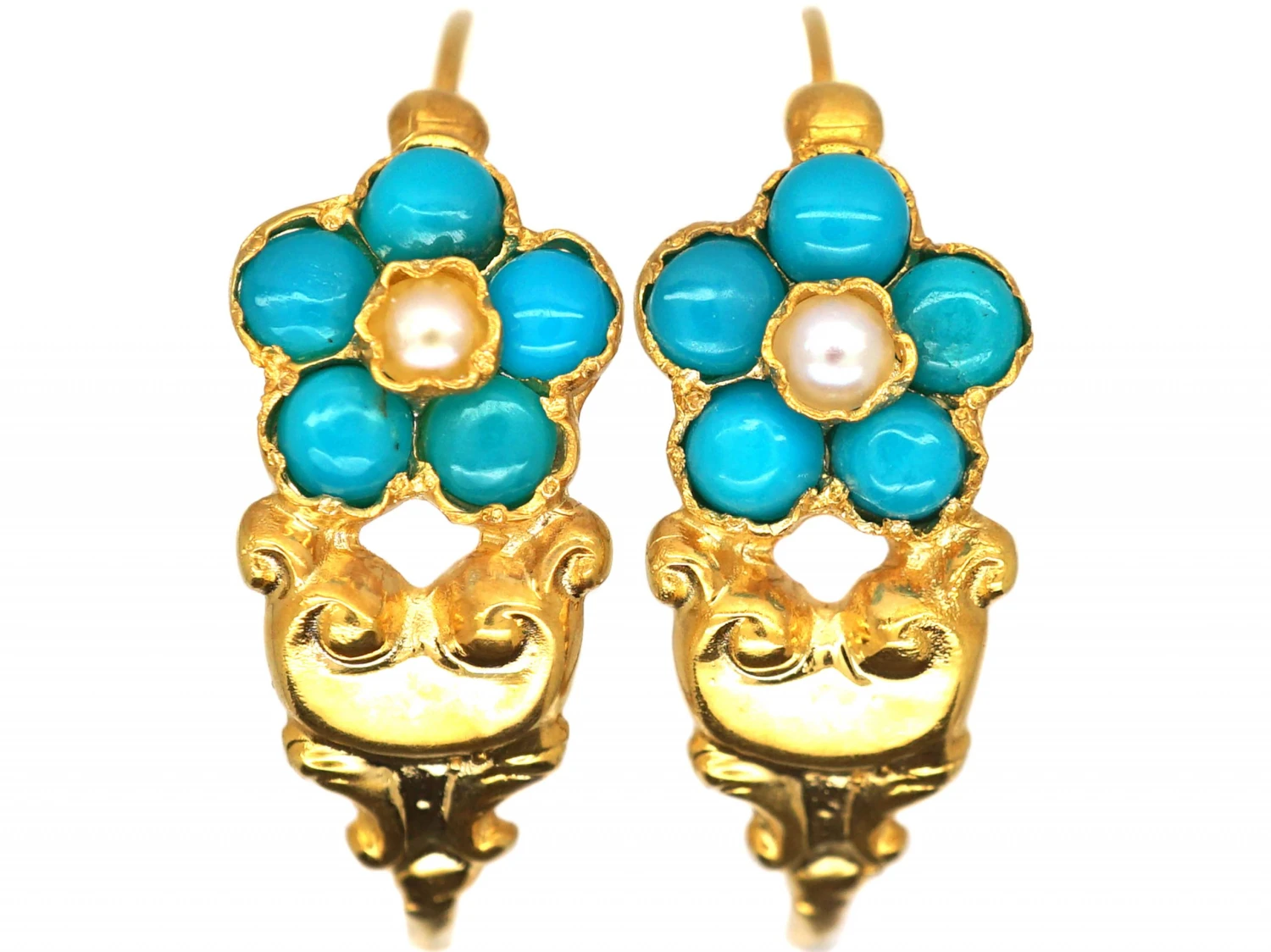 Early 19th Century 18ct Gold Poissarde Earrings Set With Turquoise Paste & Natural Split Pearls 3 Early 19th Century 18ct Gold Poissarde Earrings Set With Turquoise Paste & Natural Split Pearls