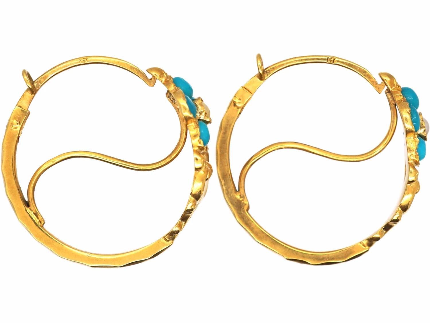 Early 19th Century 18ct Gold Poissarde Earrings Set With Turquoise Paste & Natural Split Pearls 4 Early 19th Century 18ct Gold Poissarde Earrings Set With Turquoise Paste & Natural Split Pearls - Image 2