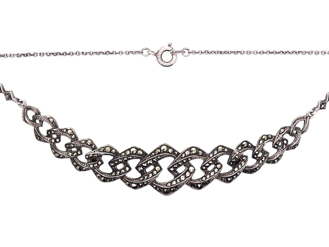 Art Deco Silver & Marcasite Articulated Ovoid Design Necklace 3 Art Deco Silver & Marcasite Articulated Ovoid Design Necklace