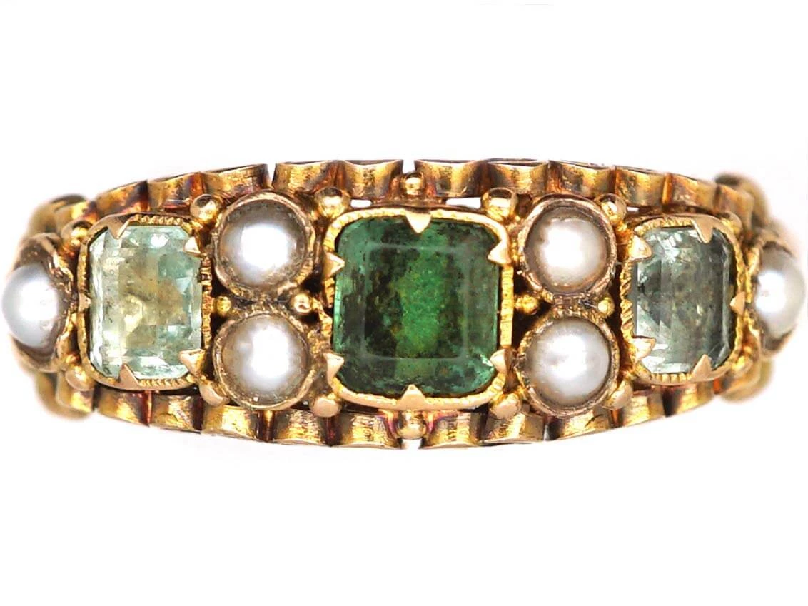 Victorian 15ct Gold Ring Set With Emeralds & Natural Split Pearls 3 Victorian 15ct Gold Ring Set With Emeralds & Natural Split Pearls