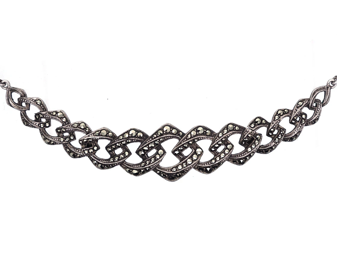Art Deco Silver & Marcasite Articulated Ovoid Design Necklace 4 Art Deco Silver & Marcasite Articulated Ovoid Design Necklace - Image 2