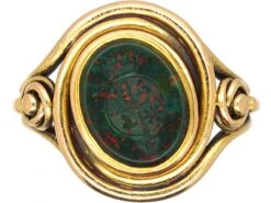 Victorian 18ct Gold Signet Ring With Bloodstone Intaglio Of Pelicans With A Coronet