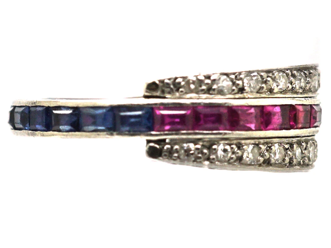 Art Deco 18ct White Gold Flip Over Ring Set With Sapphires, Rubies & Diamonds 5 Art Deco 18ct White Gold Flip Over Ring Set With Sapphires, Rubies & Diamonds - Image 3