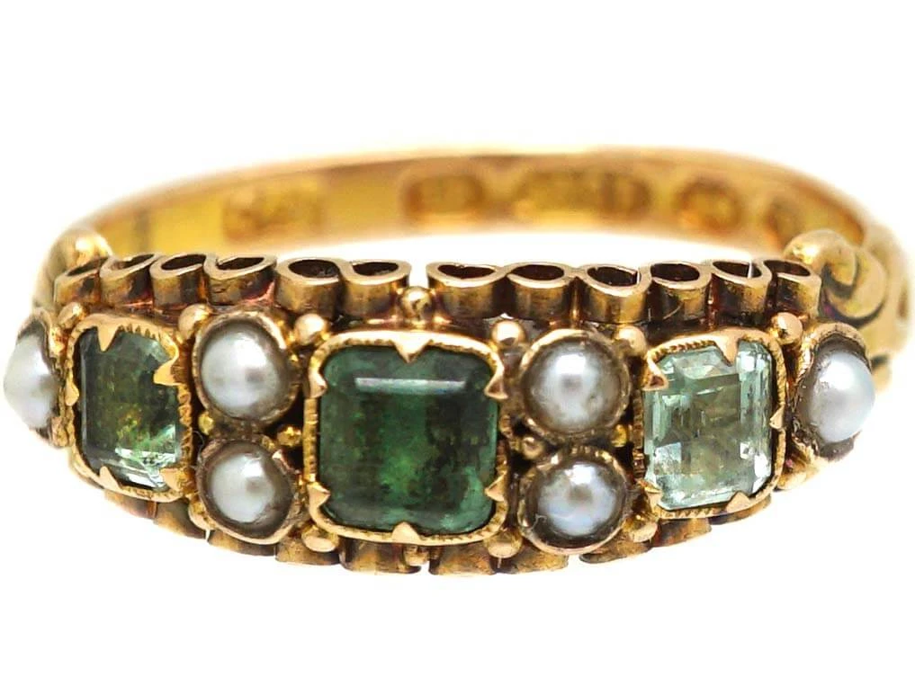 Victorian 15ct Gold Ring Set With Emeralds & Natural Split Pearls 9 Victorian 15ct Gold Ring Set With Emeralds & Natural Split Pearls - Image 7