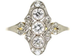 Art Deco 14ct Gold & Platinum & Diamond Three Stone Diamond Ring With Rose Diamond Detail