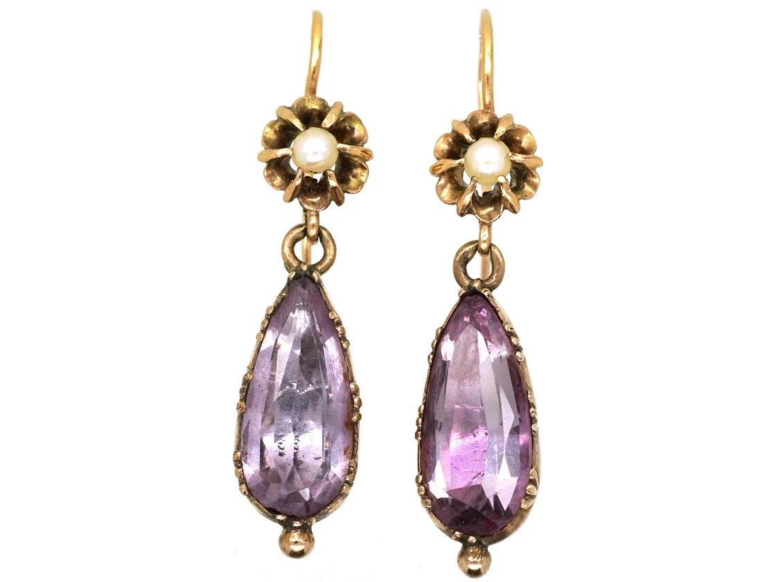 Regency 15ct Gold Natural Pearl & Foiled Amethyst Drop Earrings 3 Regency 15ct Gold Natural Pearl & Foiled Amethyst Drop Earrings