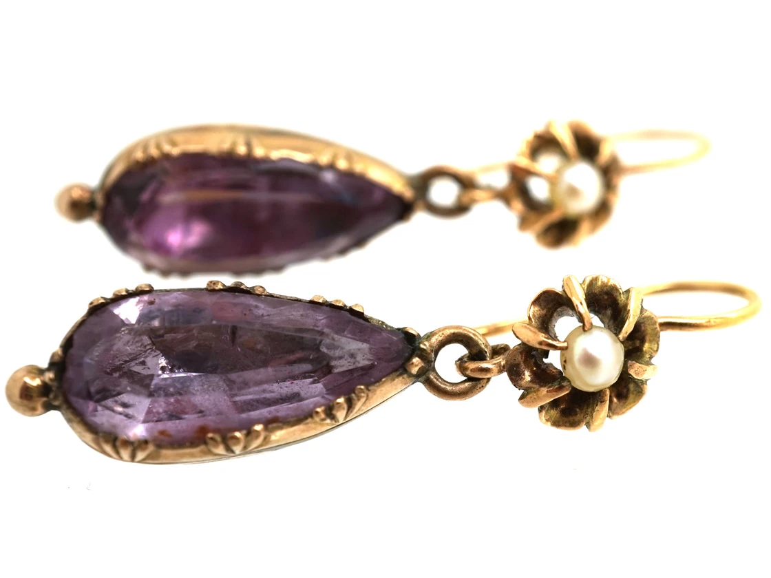 Regency 15ct Gold Natural Pearl & Foiled Amethyst Drop Earrings 4 Regency 15ct Gold Natural Pearl & Foiled Amethyst Drop Earrings - Image 2