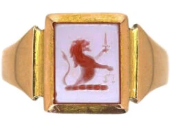 Art Deco 15ct Gold & Carnelian Signet Ring With Intaglio Of A Lion With Sword & Scales