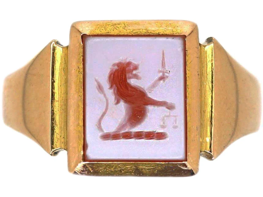 Art Deco 15ct Gold & Carnelian Signet Ring With Intaglio Of A Lion With Sword & Scales 3 Art Deco 15ct Gold & Carnelian Signet Ring With Intaglio Of A Lion With Sword & Scales