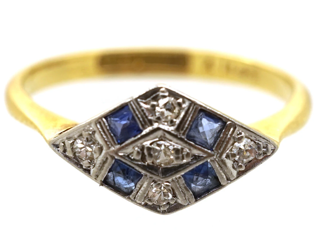 Art Deco 18ct Gold & Platinum, Sapphire & Diamond, Diamond Shaped Ring 5 Art Deco 18ct Gold & Platinum, Sapphire & Diamond, Diamond Shaped Ring - Image 3