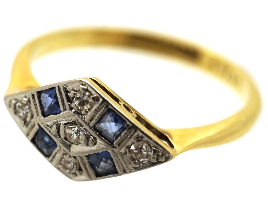 Art Deco 18ct Gold & Platinum, Sapphire & Diamond, Diamond Shaped Ring 8 Art Deco 18ct Gold & Platinum, Sapphire & Diamond, Diamond Shaped Ring - Image 6