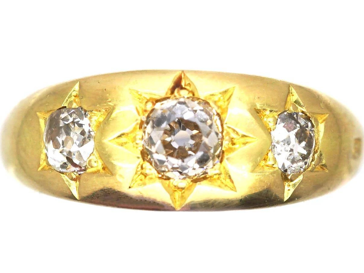 Victorian 18ct Gold Three Stone Old Mine Cut Diamond Gypsy Ring 3 Victorian 18ct Gold Three Stone Old Mine Cut Diamond Gypsy Ring
