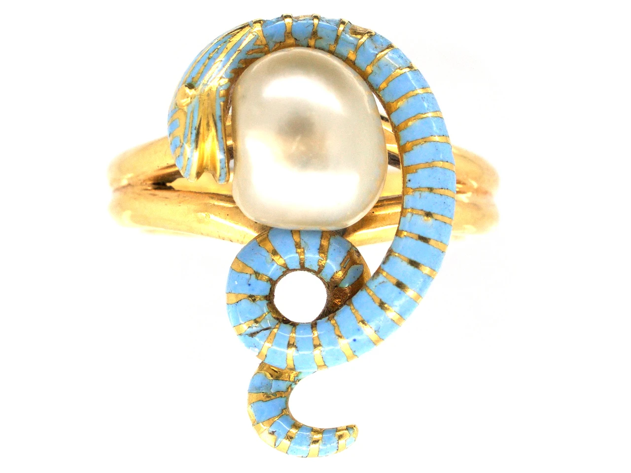 Victorian 18ct Gold Coiled Enamel Snake & Natural Pearl Ring 3 Victorian 18ct Gold Coiled Enamel Snake & Natural Pearl Ring