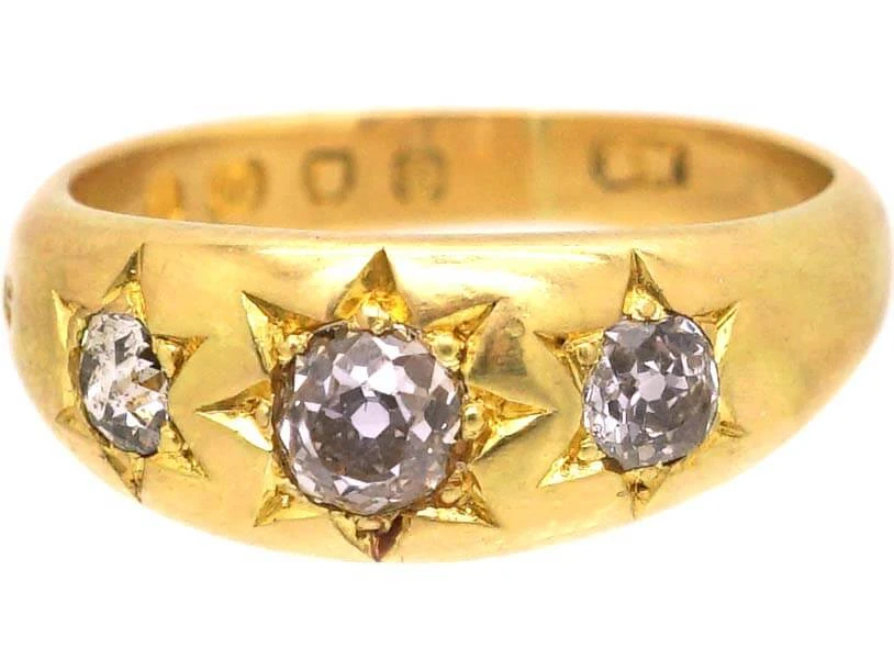 Victorian 18ct Gold Three Stone Old Mine Cut Diamond Gypsy Ring 9 Victorian 18ct Gold Three Stone Old Mine Cut Diamond Gypsy Ring - Image 7