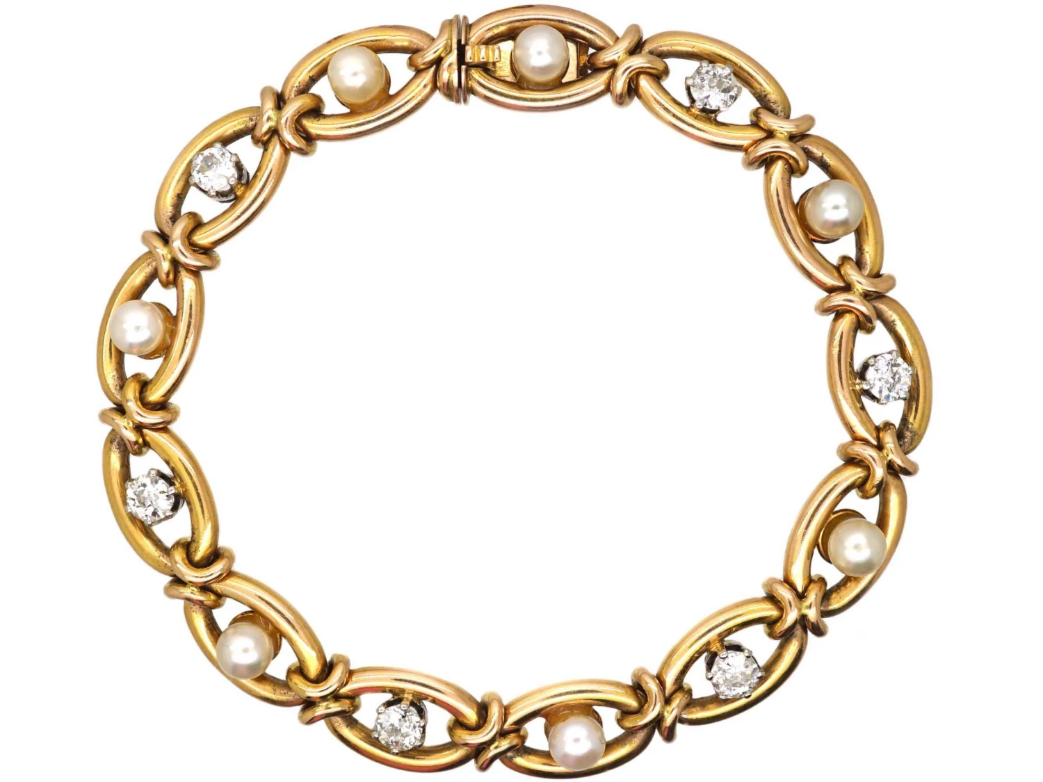 Early 20th Century French 18ct Gold Bracelet Set With Diamonds & Natural Pearls 3 Early 20th Century French 18ct Gold Bracelet Set With Diamonds & Natural Pearls
