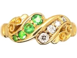 Edwardian 18ct Gold Crossover Ring Set With Green Garnets & Diamonds