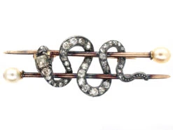 Victorian Coiled Snake Brooch Set With Diamonds & Natural Pearls