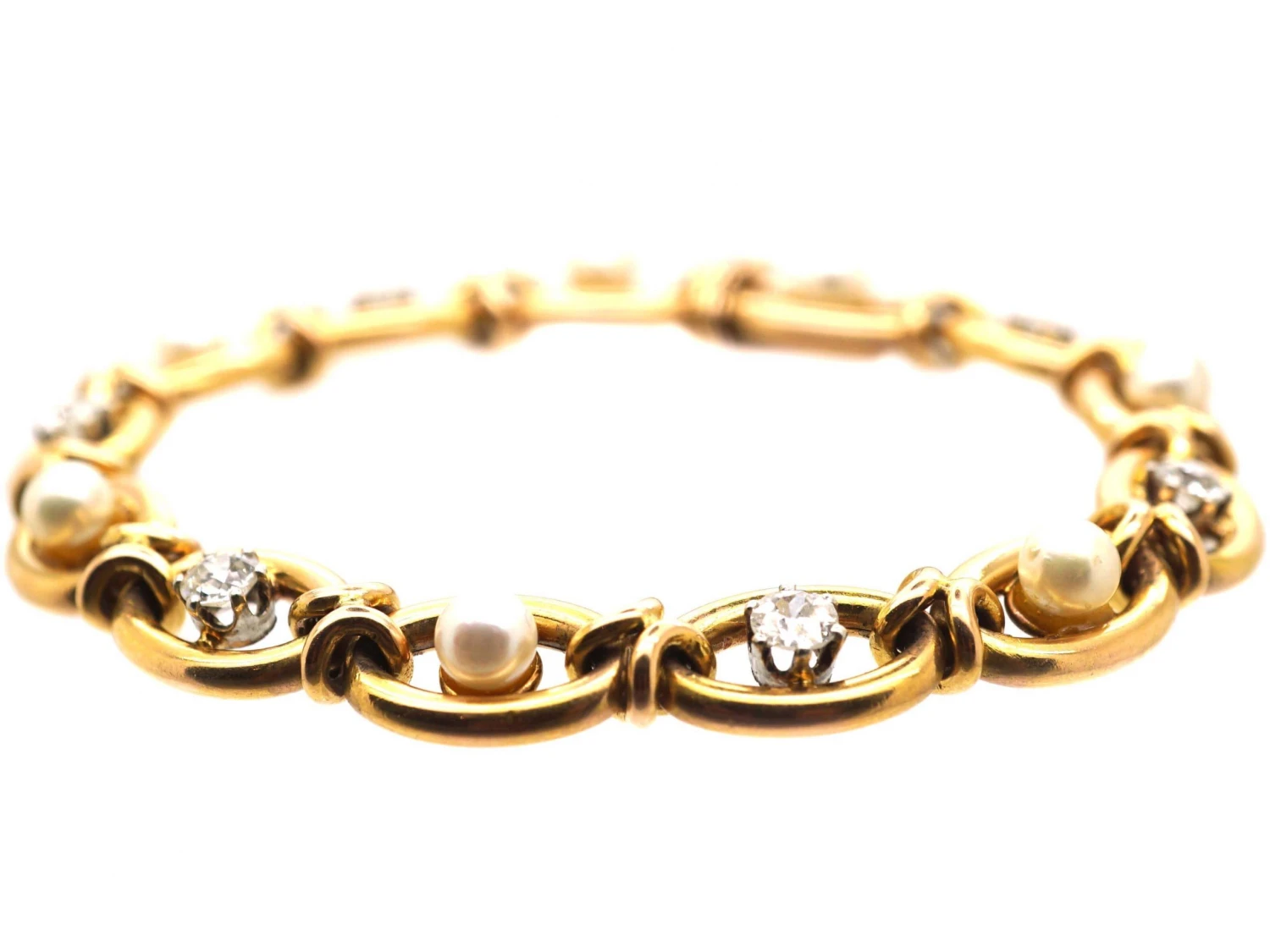 Early 20th Century French 18ct Gold Bracelet Set With Diamonds & Natural Pearls 4 Early 20th Century French 18ct Gold Bracelet Set With Diamonds & Natural Pearls - Image 2