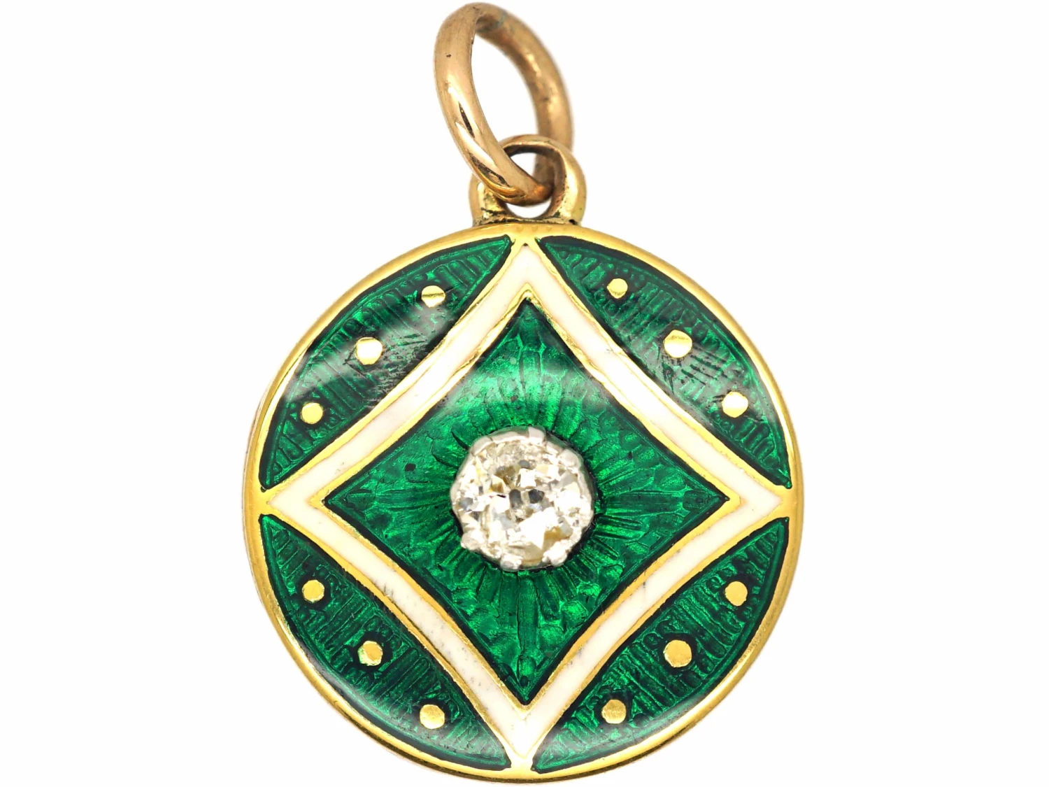Edwardian 15ct Gold Round Green & White Enamel Locket Set With A Diamond 3 Edwardian 15ct Gold Round Green & White Enamel Locket Set With A Diamond