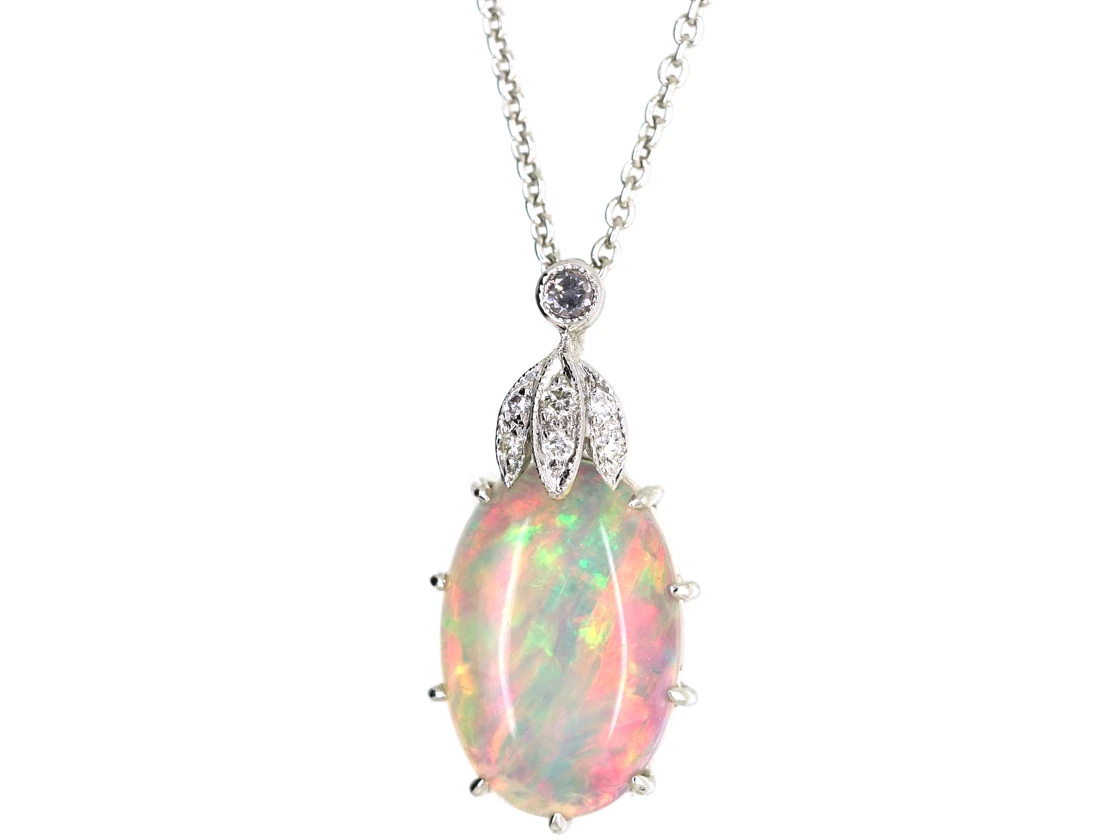 Edwardian 18ct White Gold, Opal & Diamond Pendant On 18ct White Gold Chain 3 Edwardian 18ct White Gold, Opal & Diamond Pendant On 18ct White Gold Chain