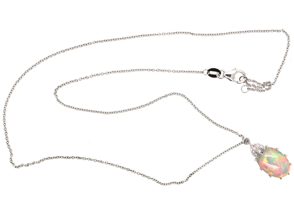 Edwardian 18ct White Gold, Opal & Diamond Pendant On 18ct White Gold Chain 8 Edwardian 18ct White Gold, Opal & Diamond Pendant On 18ct White Gold Chain - Image 6