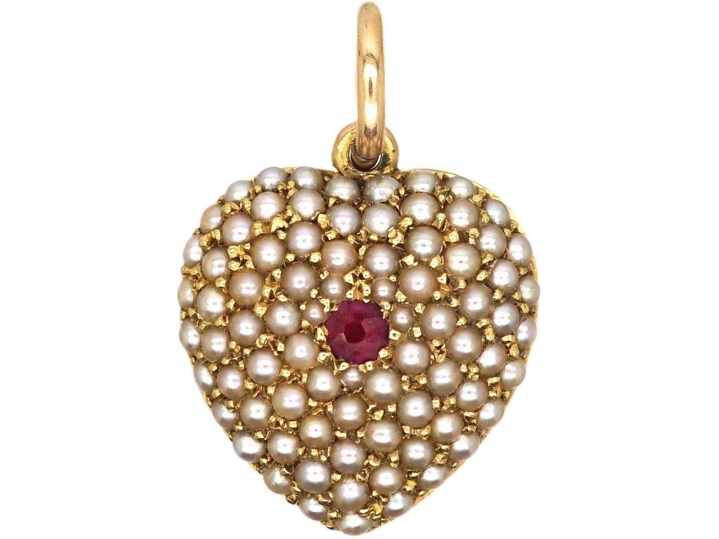 Victorian 15ct Gold Heart Shaped PendantPavé Set With Natural Split Pearls & A Ruby 3 Victorian 15ct Gold Heart Shaped PendantPavé Set With Natural Split Pearls & A Ruby