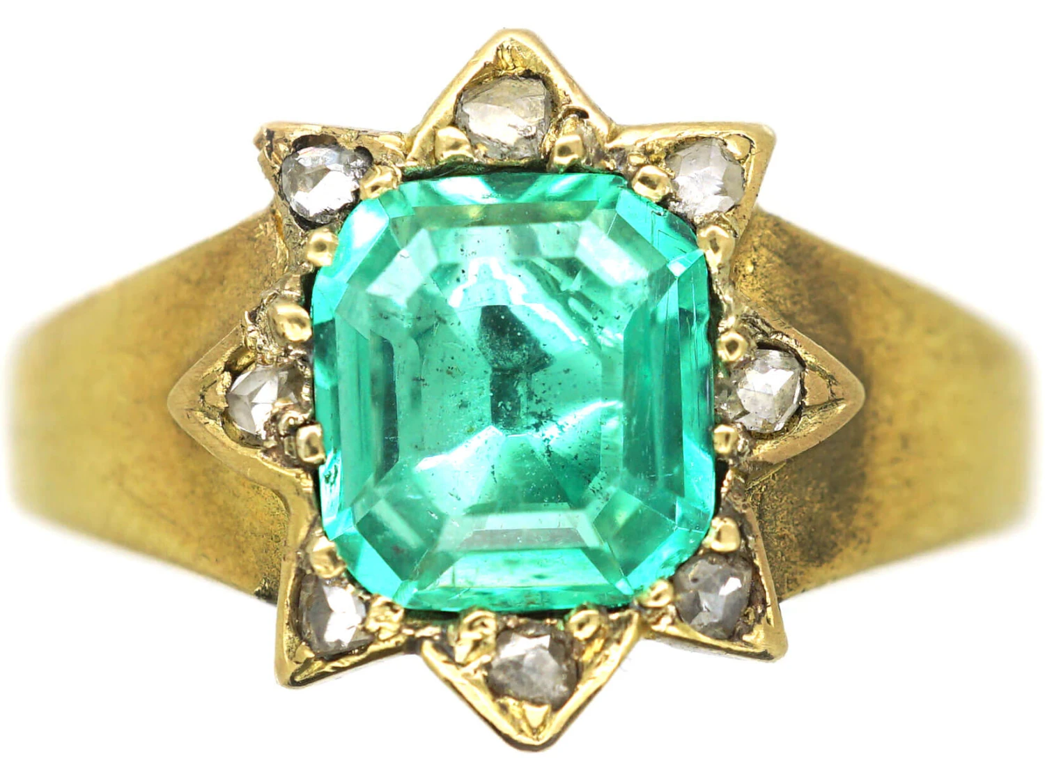 Victorian 18ct Gold, Emerald & Rose Diamond Cluster Ring 3 Victorian 18ct Gold, Emerald & Rose Diamond Cluster Ring