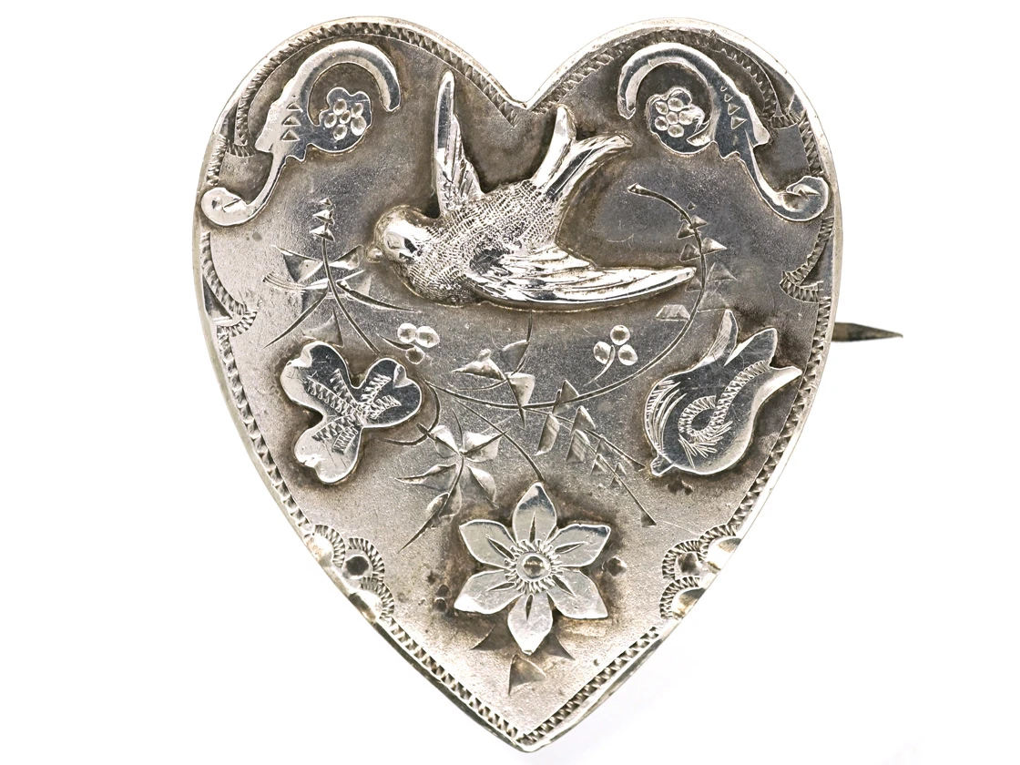 Edwardian Heart Shaped Brooch With Swallow Motif 3 Edwardian Heart Shaped Brooch With Swallow Motif