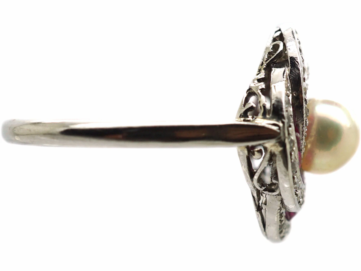Early 20th Century Platinum, Ruby, Diamond & Natural Pearl Catherine Wheel Ring 7 Early 20th Century Platinum, Ruby, Diamond & Natural Pearl Catherine Wheel Ring - Image 5