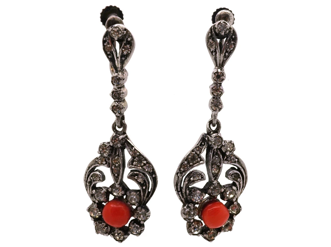 Art Deco Silver, Paste & Coral Drop Earrings 3 Art Deco Silver, Paste & Coral Drop Earrings