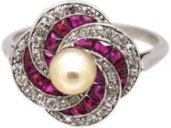 Early 20th Century Platinum, Ruby, Diamond & Natural Pearl Catherine Wheel Ring 13 Early 20th Century Platinum, Ruby, Diamond & Natural Pearl Catherine Wheel Ring -Antique Jewellery Company DSC07565 scaled 1
