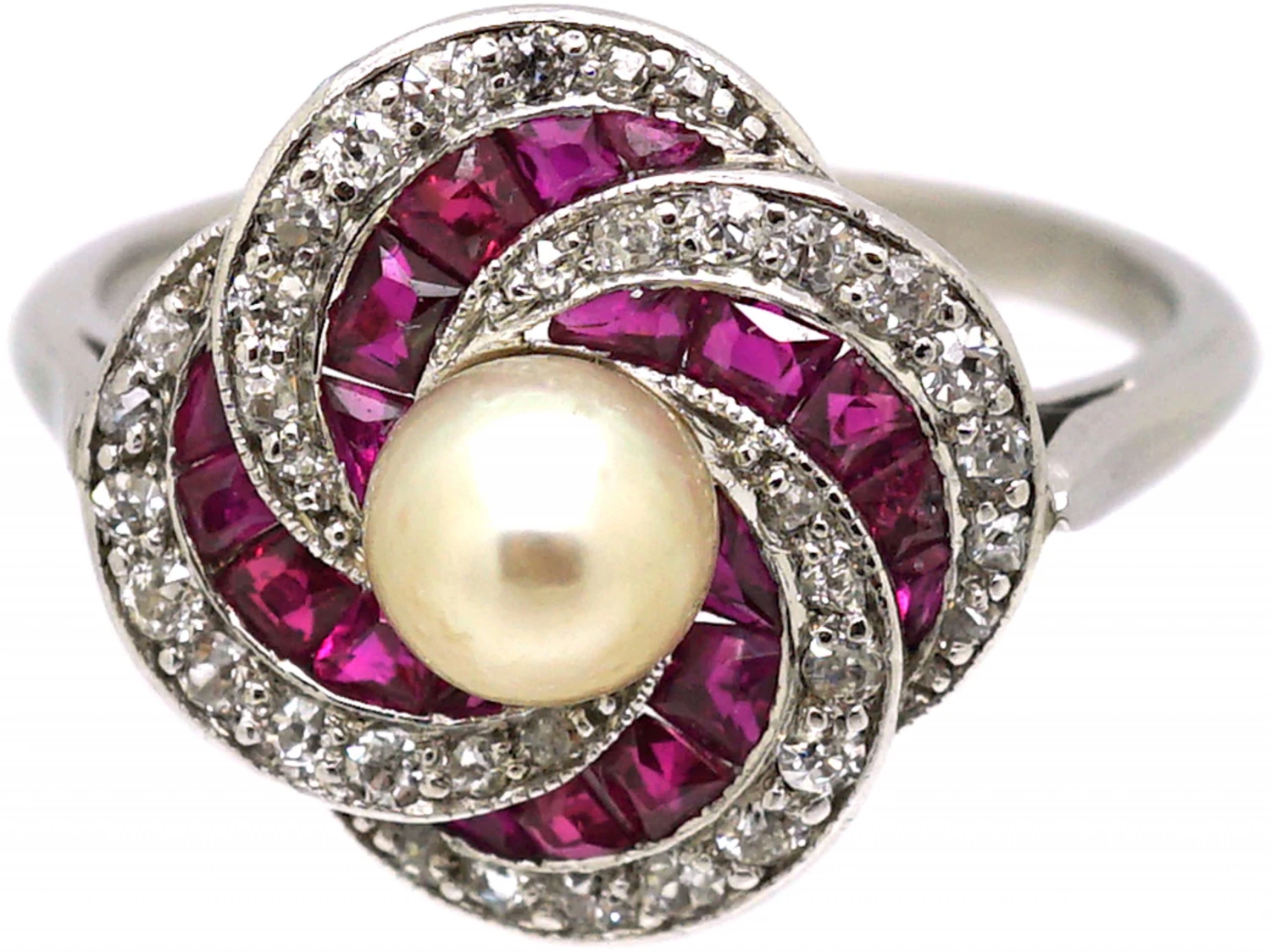 Early 20th Century Platinum, Ruby, Diamond & Natural Pearl Catherine Wheel Ring 8 Early 20th Century Platinum, Ruby, Diamond & Natural Pearl Catherine Wheel Ring - Image 6