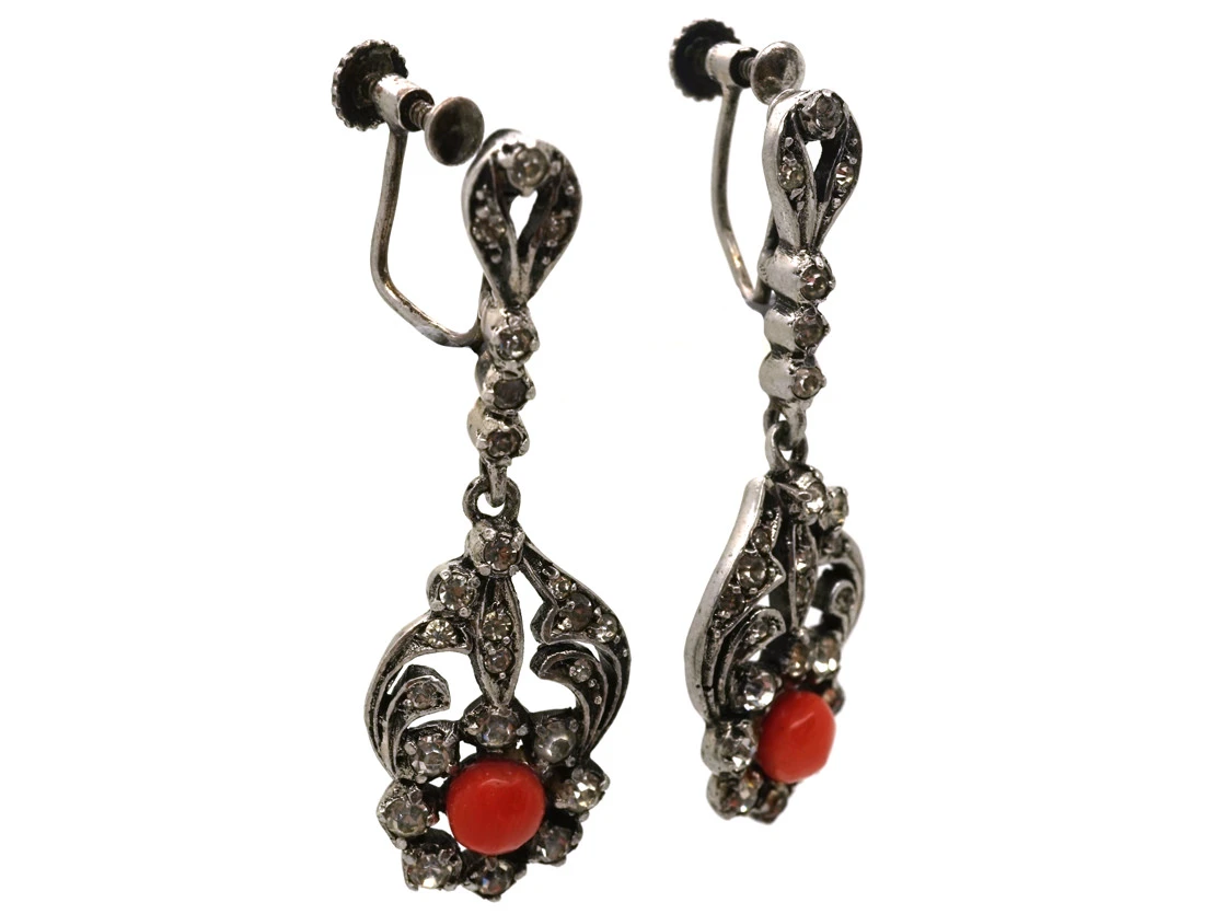 Art Deco Silver, Paste & Coral Drop Earrings 4 Art Deco Silver, Paste & Coral Drop Earrings - Image 2