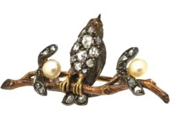 Edwardian 18ct Two Colour Gold & Silver Novelty Brooch Of A Bird On A Branch With Two Mistletoe Sprigs In Original Case -Antique Jewellery Company DSC07667 scaled 1
