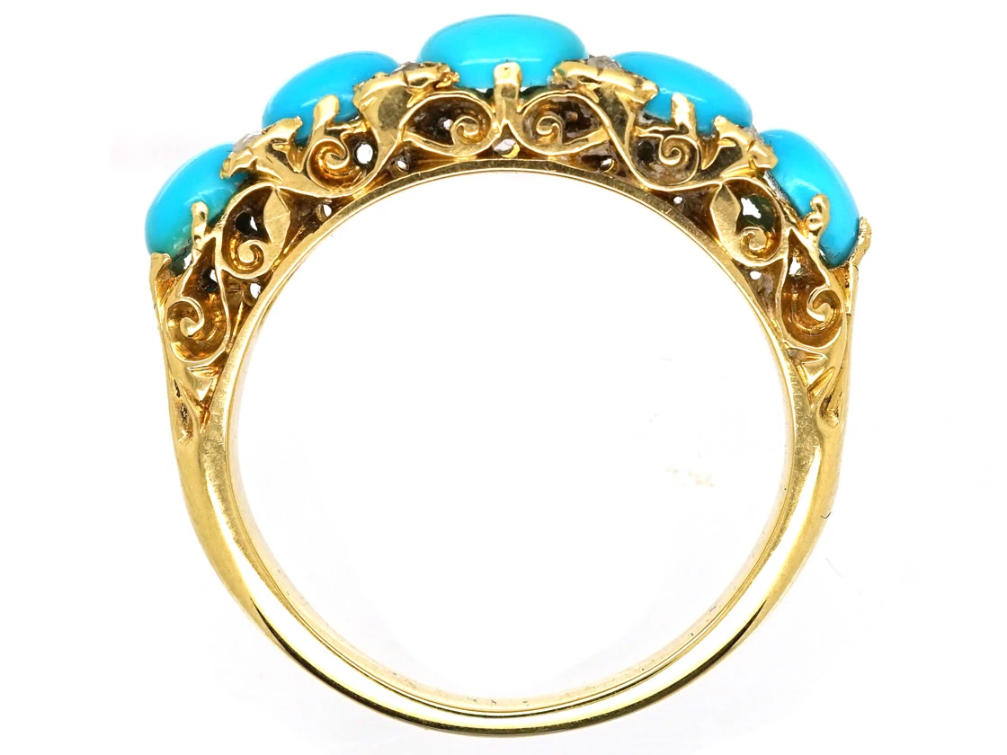 Victorian 18ct Gold, Turquoise & Rose Diamond Carved Half Hoop Ring 8 Victorian 18ct Gold, Turquoise & Rose Diamond Carved Half Hoop Ring - Image 6