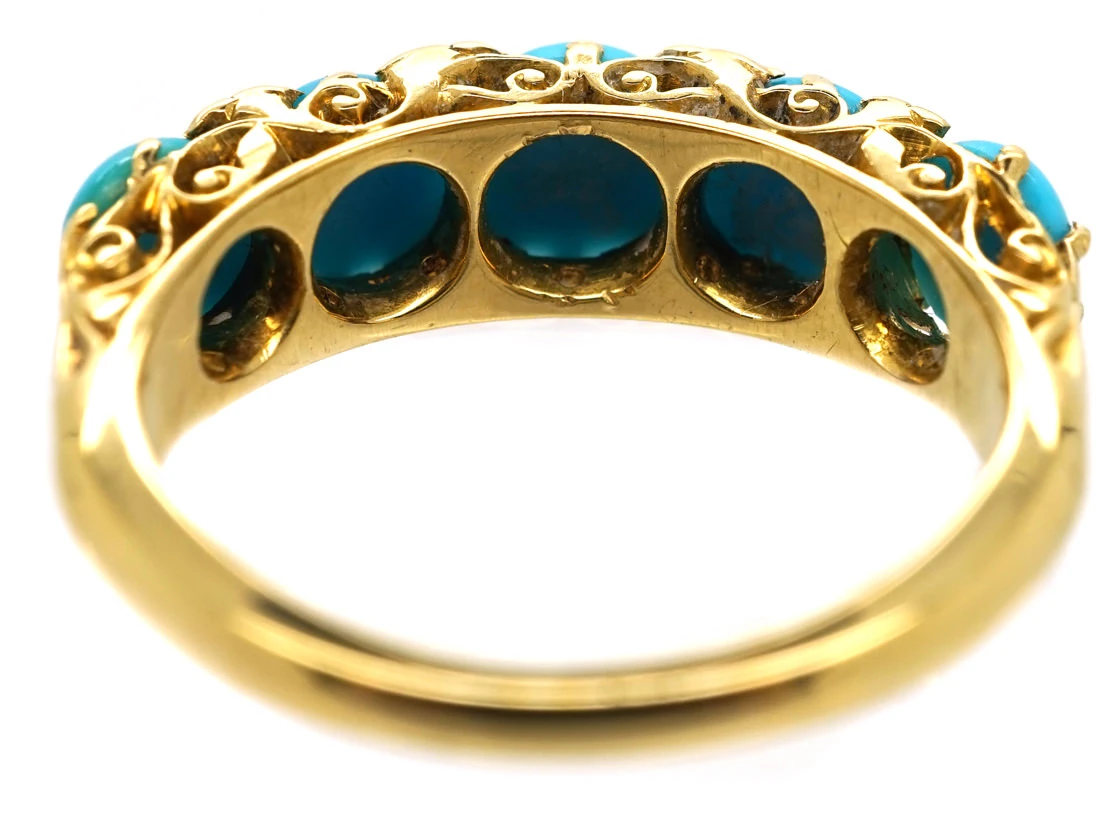 Victorian 18ct Gold, Turquoise & Rose Diamond Carved Half Hoop Ring 9 Victorian 18ct Gold, Turquoise & Rose Diamond Carved Half Hoop Ring - Image 7