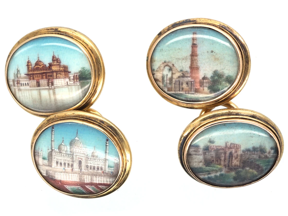 19th Century Indian 18ct Gold Cufflinks With Miniatures 3 19th Century Indian 18ct Gold Cufflinks With Miniatures