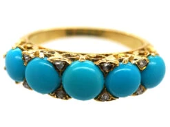 Victorian 18ct Gold, Turquoise & Rose Diamond Carved Half Hoop Ring 18 Victorian 18ct Gold, Turquoise & Rose Diamond Carved Half Hoop Ring -Antique Jewellery Company DSC07679