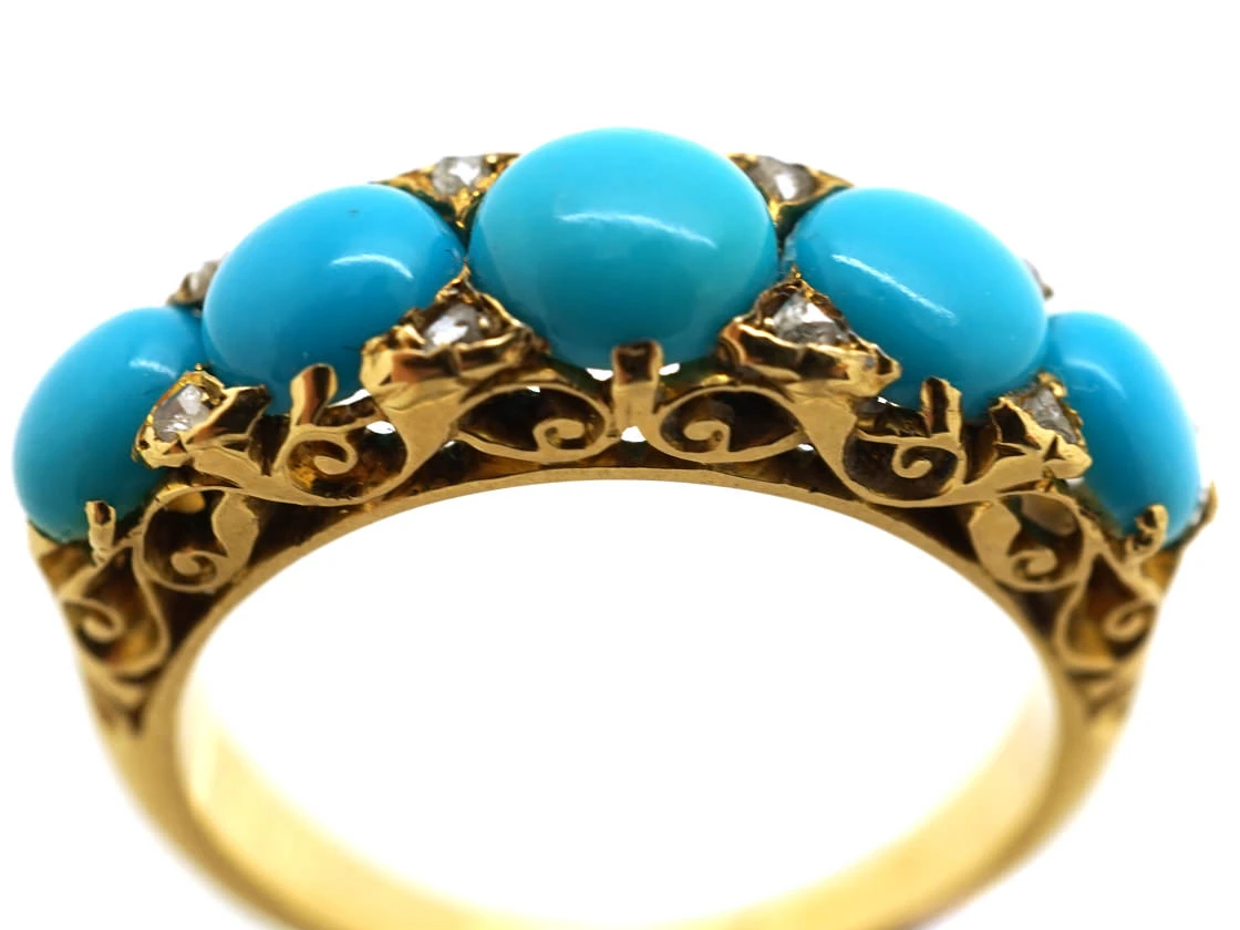 Victorian 18ct Gold, Turquoise & Rose Diamond Carved Half Hoop Ring 6 Victorian 18ct Gold, Turquoise & Rose Diamond Carved Half Hoop Ring - Image 4