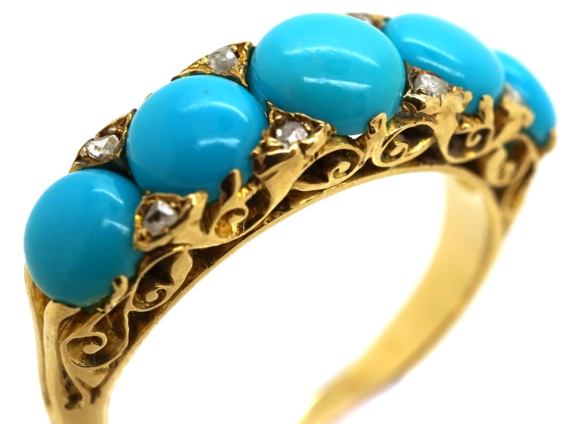 Victorian 18ct Gold, Turquoise & Rose Diamond Carved Half Hoop Ring 7 Victorian 18ct Gold, Turquoise & Rose Diamond Carved Half Hoop Ring - Image 5
