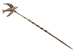 Edwardian 9ct Gold Swallow Tie Pin Set With Turquoise & Natural Split Pearls By Murrle Bennett & Co 8 Edwardian 9ct Gold Swallow Tie Pin Set With Turquoise & Natural Split Pearls By Murrle Bennett & Co -Antique Jewellery Company DSC07697