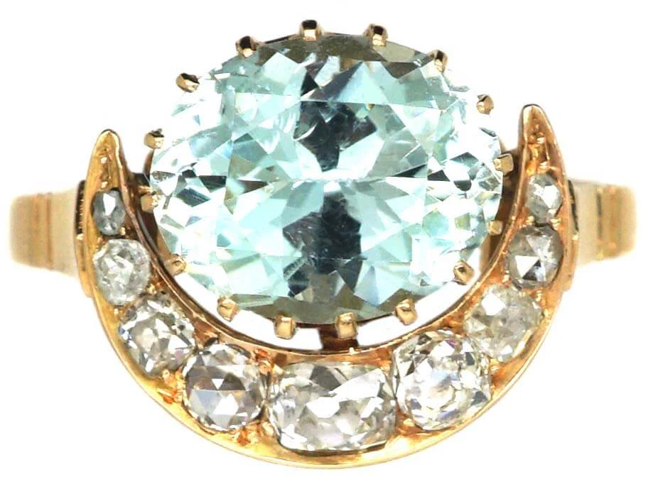Retro 14ct Gold Crescent Ring Set With An Aquamarine & Diamonds 3 Retro 14ct Gold Crescent Ring Set With An Aquamarine & Diamonds